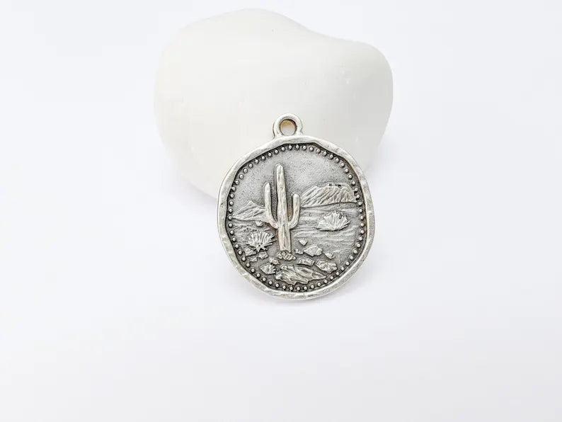 Desert Landscape Pendant, Cactus Teardrop Charm, Southwestern Jewelry, Mountain Nature Boho Pendant, Antique Silver Plated 35x22mm G37227