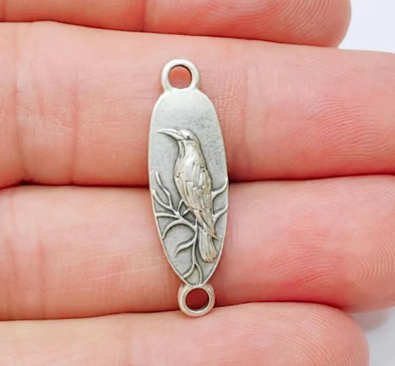 4 Raven Connector Charm Pendant, Gothic Boho Charm, Nature Earring Charm, Mystical Bird, Necklace Parts, Antique Silver Plated 30x9mm G37218