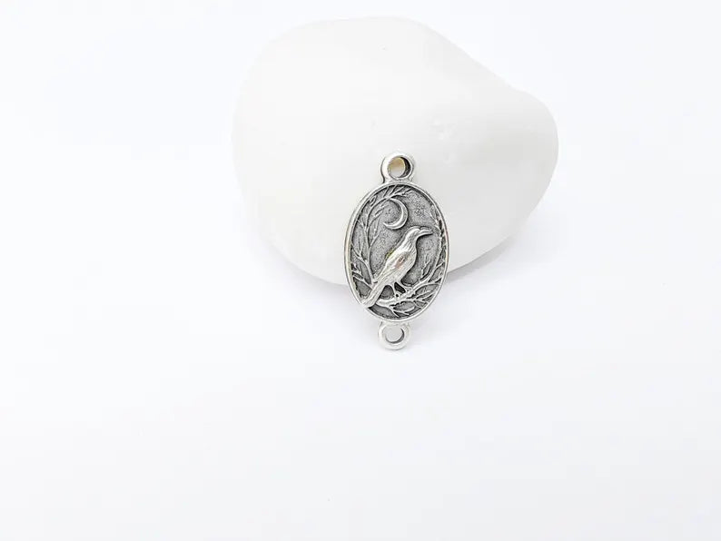 2 Raven and Moon Connector Charm Pendant, Gothic Boho Charm, Nature Earring Charm, Mystical Bird, Antique Silver Plated 27x14mm G37230