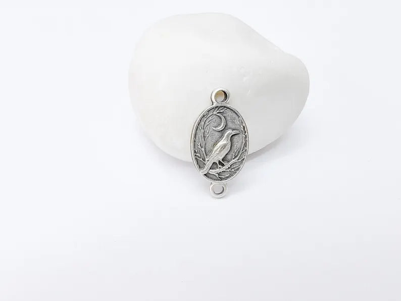 2 Raven and Moon Connector Charm Pendant, Gothic Boho Charm, Nature Earring Charm, Mystical Bird, Antique Silver Plated 27x14mm G37230