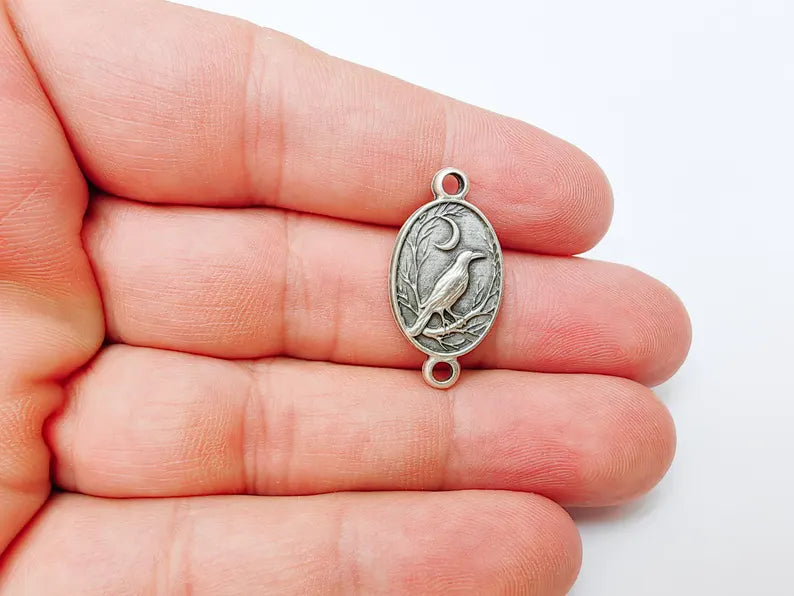 2 Raven and Moon Connector Charm Pendant, Gothic Boho Charm, Nature Earring Charm, Mystical Bird, Antique Silver Plated 27x14mm G37230