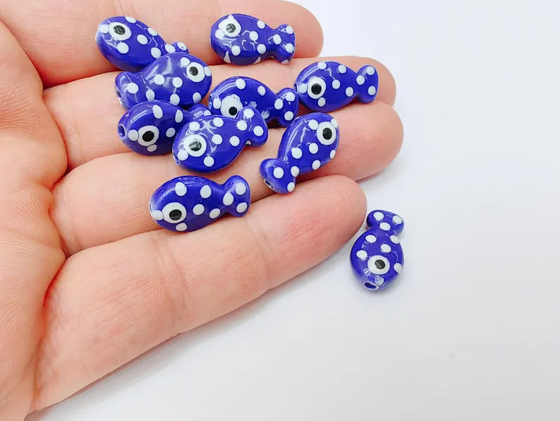 4 Porcelain Fish Beads, Navy Blue with White Dots, Ceramic Animal Beads, Flat Back, Cute Fish Charms, Jewelry Making Supplies 19x10mm G37308