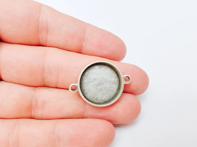Round Connector, Double Loop Cabochon Blank, Resin Bases, Mosaic Mounting, Epoxy Setting, Antique Silver Plated 20mm G37232