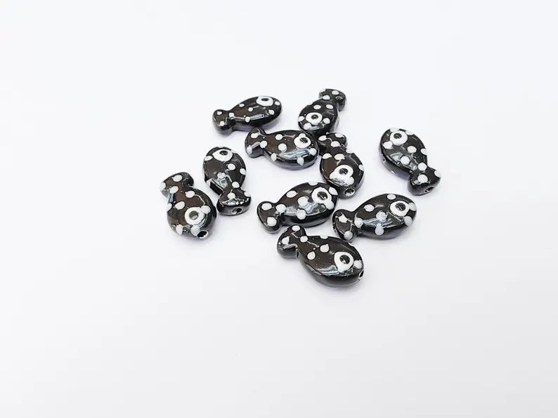 4 Porcelain Fish Beads, Black with White Dots, Ceramic Animal Beads, Flat Back, Cute Fish Charms, Jewelry Making Supplies 19x10mm G37233