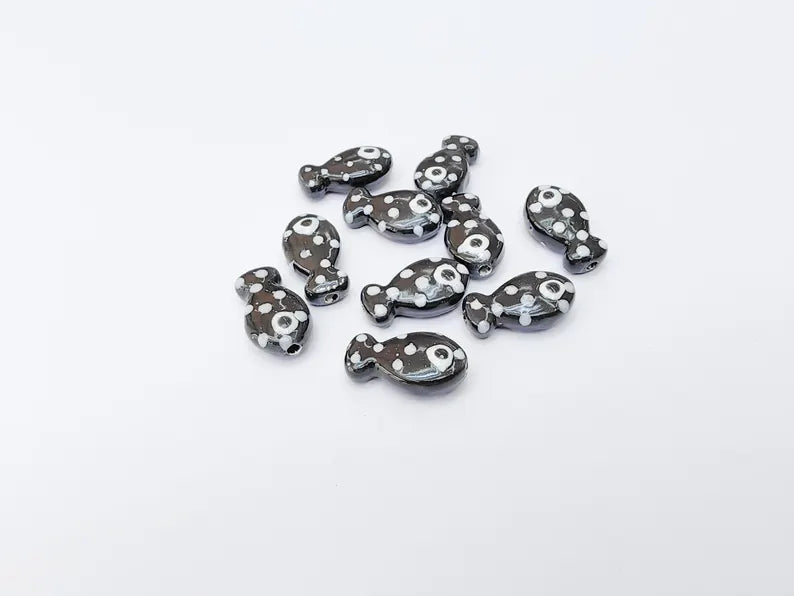 4 Porcelain Fish Beads, Black with White Dots, Ceramic Animal Beads, Flat Back, Cute Fish Charms, Jewelry Making Supplies 19x10mm G37233