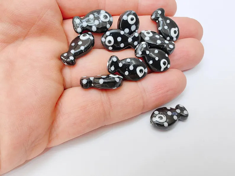 4 Porcelain Fish Beads, Black with White Dots, Ceramic Animal Beads, Flat Back, Cute Fish Charms, Jewelry Making Supplies 19x10mm G37233
