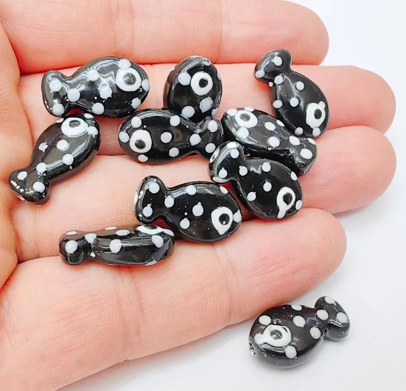 4 Porcelain Fish Beads, Black with White Dots, Ceramic Animal Beads, Flat Back, Cute Fish Charms, Jewelry Making Supplies 19x10mm G37233