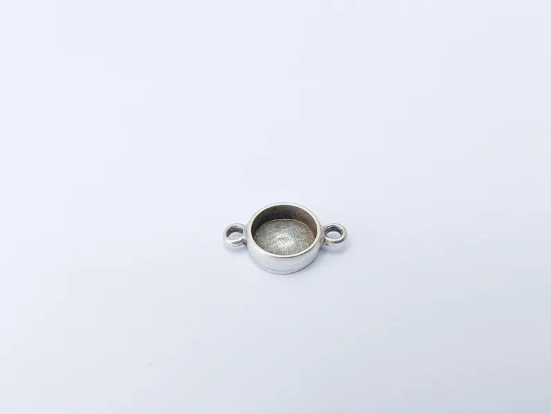 4 Round Bezel Connector, Double Loop Cabochon Blank, Resin Bases, Mosaic Mounting, Epoxy Setting, Antique Silver Plated 10mm G37235