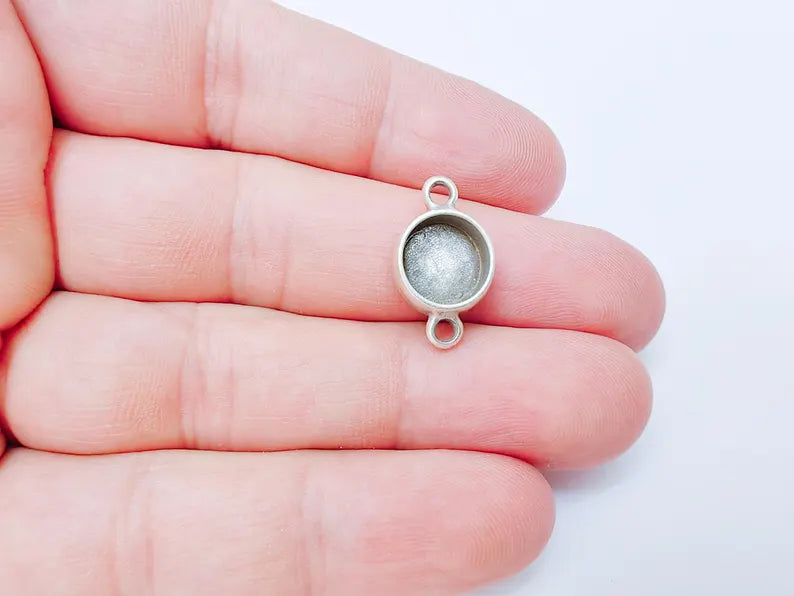 4 Round Bezel Connector, Double Loop Cabochon Blank, Resin Bases, Mosaic Mounting, Epoxy Setting, Antique Silver Plated 10mm G37235