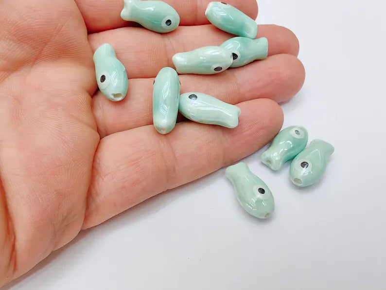 2 Porcelain Fish Beads, Ceramic Fish Beads, Turquoise Beads for Jewelry Making, Cute Fish Beads for DIY Crafts and Accessories 19x10mm G37236