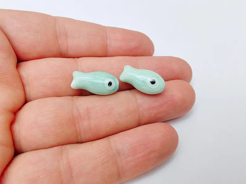 2 Porcelain Fish Beads, Ceramic Fish Beads, Turquoise Beads for Jewelry Making, Cute Fish Beads for DIY Crafts and Accessories 19x10mm G37236