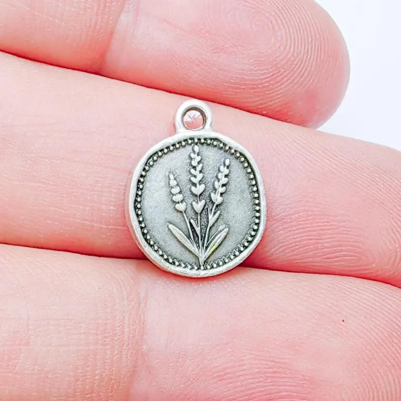 4 Lavender Flower Charm, Double Sided Botanical, Organic Shape Plant Charm, Nature Earring, Floral Tag, Antique Silver Plated 16x12mm G37211