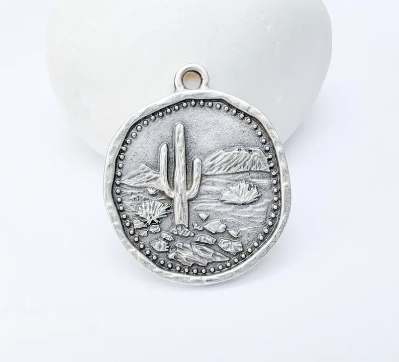 Desert Landscape Pendant, Cactus Teardrop Charm, Southwestern Jewelry, Mountain Nature Boho Pendant, Antique Silver Plated 35x22mm G37227