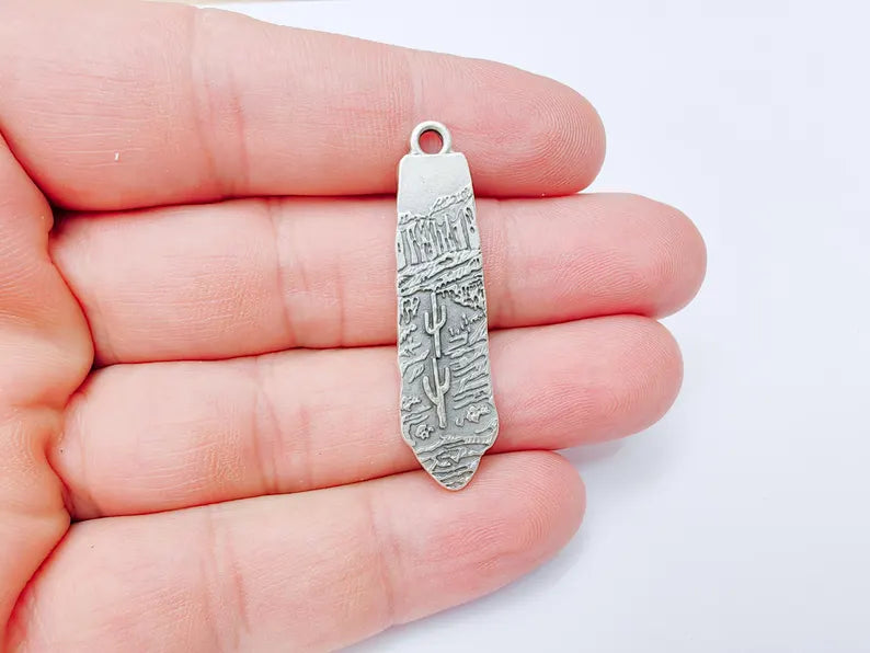 Desert Landscape Pendant, Cactus Charm, Long Vertical Metal Drop, Nature Jewelry, Boho Western Charm, Antique Silver Plated 43x11mm G37219