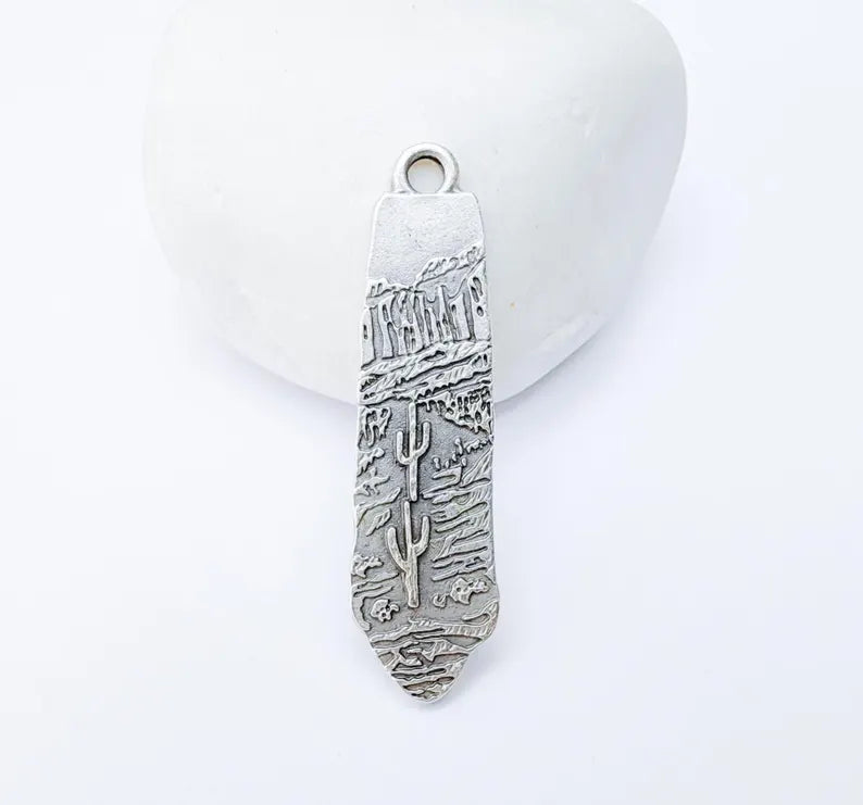 Desert Landscape Pendant, Cactus Charm, Long Vertical Metal
