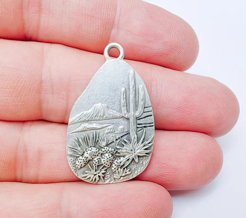 Desert Landscape Pendant, Cactus Teardrop Charm, Southwestern Jewelry, Mountain Nature Boho Pendant, Antique Silver Plated 35x22mm G37210