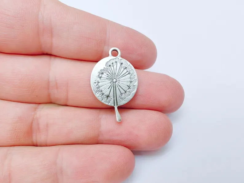 Dandelion Pendant, Botanical Wish Flower Charm, Boho Nature Necklace Part, Earring Making Supply, Antique Silver Plated 29x19mm G37208