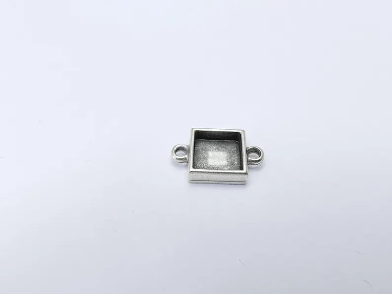 4 Square Bezel Connector, Double Loop Cabochon Blank, Resin Bases, Mosaic Mounting, Epoxy Setting, Antique Silver Plated 10x10mm G37240