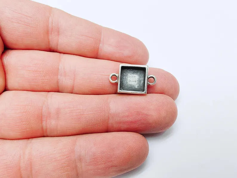 4 Square Bezel Connector, Double Loop Cabochon Blank, Resin Bases, Mosaic Mounting, Epoxy Setting, Antique Silver Plated 10x10mm G37240