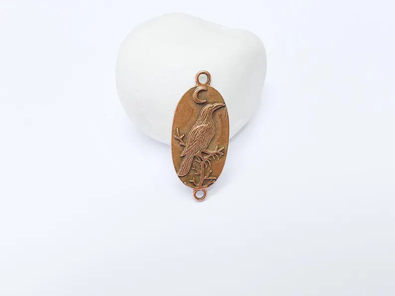Raven Charm Connector, Gothic Boho Pendant, Bird and Moon Earring, Oval Celestial Mystical Necklace, Antique Copper Plated 38x17mm G37245