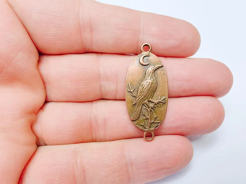 Raven Charm Connector, Gothic Boho Pendant, Bird and Moon Earring, Oval Celestial Mystical Necklace, Antique Copper Plated 38x17mm G37245