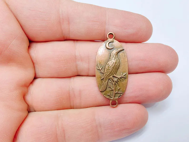 Raven Charm Connector, Gothic Boho Pendant, Bird and Moon Earring, Oval Celestial Mystical Necklace, Antique Copper Plated 38x17mm G37245