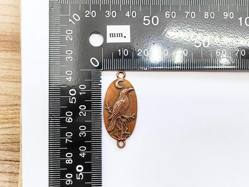 Raven Charm Connector, Gothic Boho Pendant, Bird and Moon Earring, Oval Celestial Mystical Necklace, Antique Copper Plated 38x17mm G37245