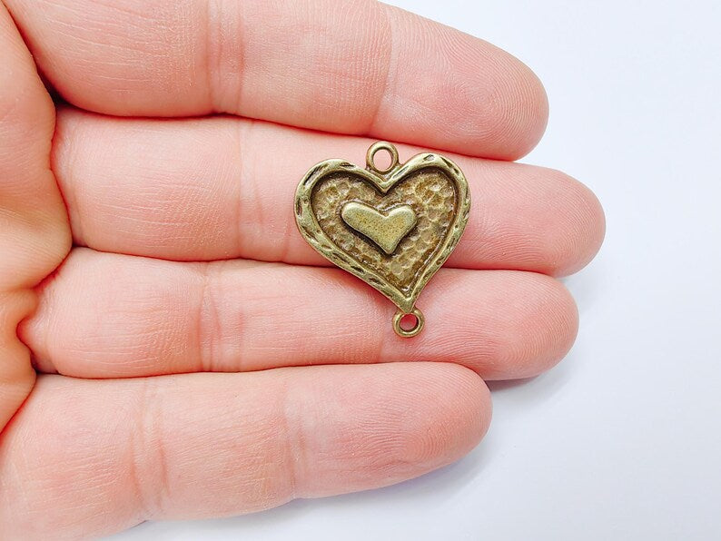 Double Heart Connector Charm, Heart Pendant, Romantic Boho Jewelry, DIY Bracelet Craft, Love Symbol, Antique Bronze Plated 27x24mm G37246