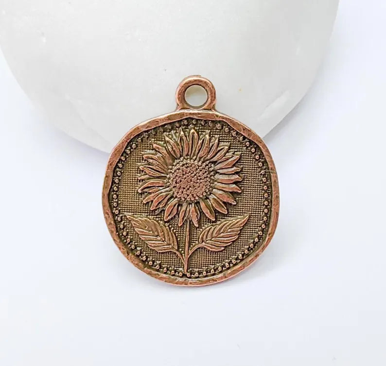 Sunflower Charm Pendant, Flower Earring, Floral Medallion, Botanical Jewelry Supply, Sunflower Necklace Antique Copper Plated 27x22mm G37253