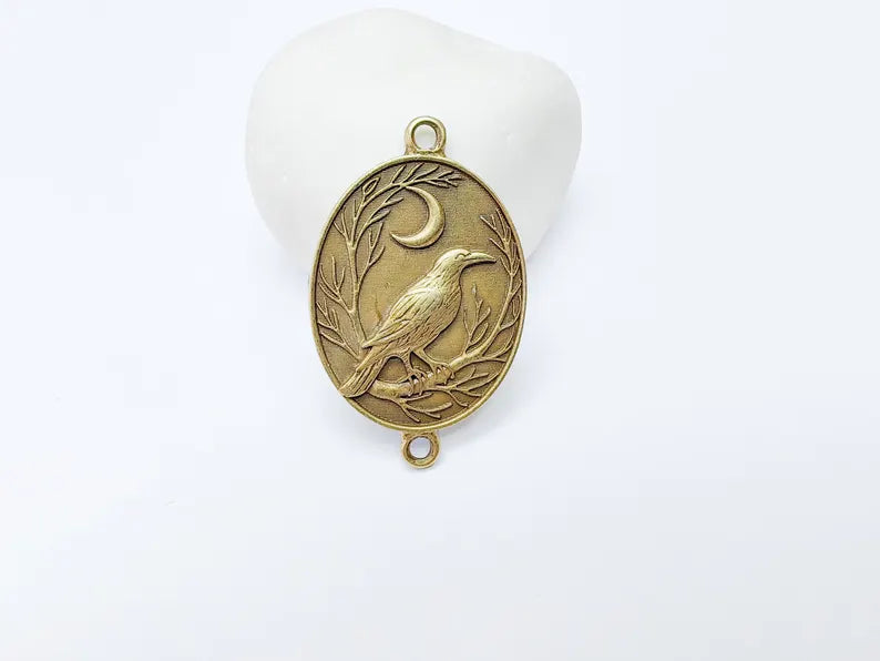 Raven and Moon Connector Charm Pendant, Gothic Boho Charm, Nature Earring, Mystical Bird, Double Hole, Antique Bronze Plated 45x28mm G37254