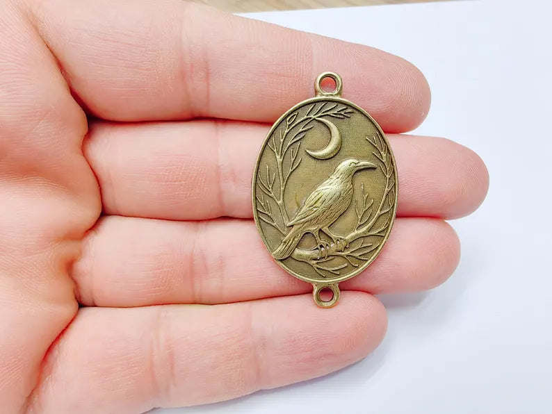 Raven and Moon Connector Charm Pendant, Gothic Boho Charm, Nature Earring, Mystical Bird, Double Hole, Antique Bronze Plated 45x28mm G37254