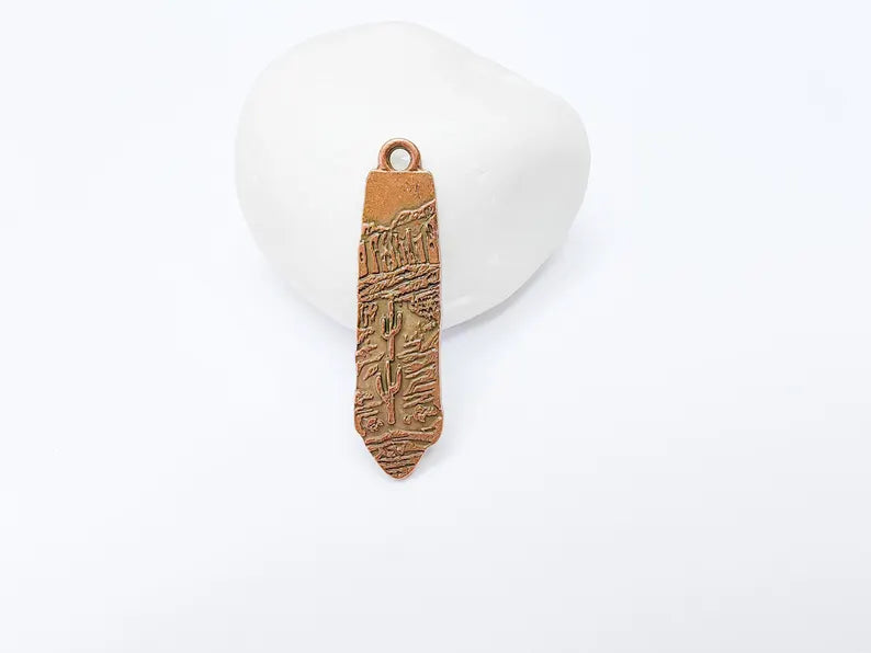 Desert Landscape Pendant, Cactus Charm, Long Earring Charm, Nature Jewelry, Boho Western Charm, Antique Copper Plated 43x11mm G37256