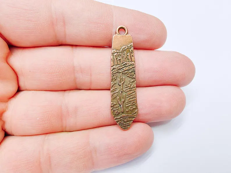 Desert Landscape Pendant, Cactus Charm, Long Earring Charm, Nature Jewelry, Boho Western Charm, Antique Copper Plated 43x11mm G37256