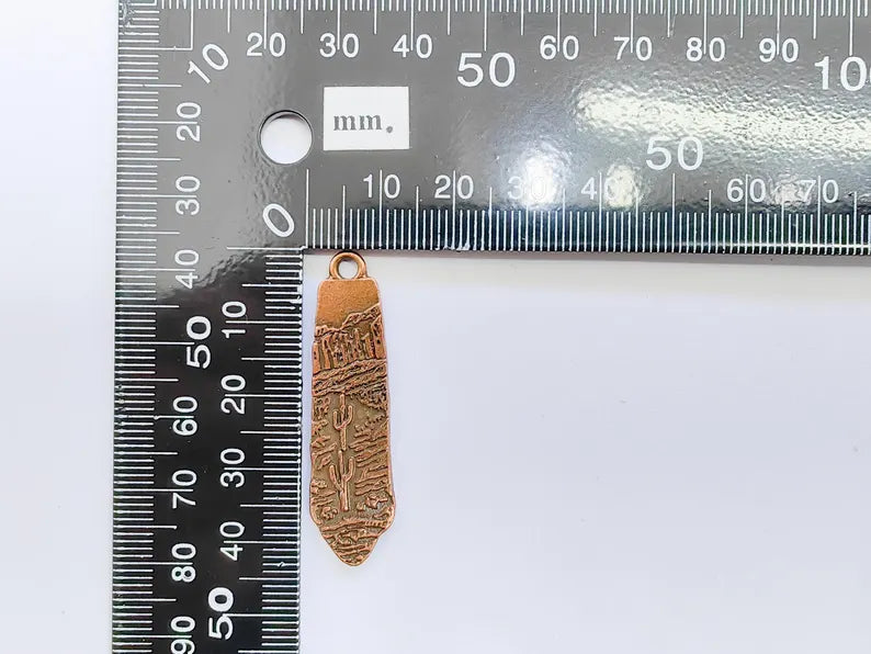 Desert Landscape Pendant, Cactus Charm, Long Earring Charm, Nature Jewelry, Boho Western Charm, Antique Copper Plated 43x11mm G37256