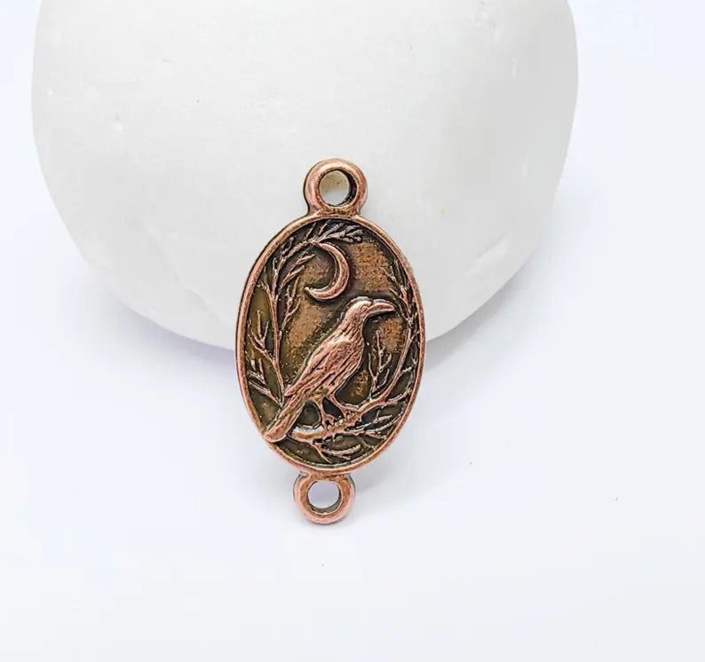 2 Raven and Moon Connector Charm Pendant, Gothic Boho Charm, Nature Earring Charm, Mystical Bird, Antique Copper Plated 27x14mm G37249