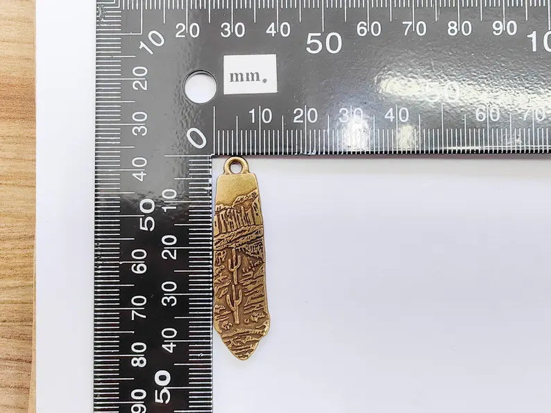 Desert Landscape Pendant, Cactus Charm, Long Earring Charm, Nature Jewelry, Boho Western Charm, Antique Bronze Plated 43x11mm G37250