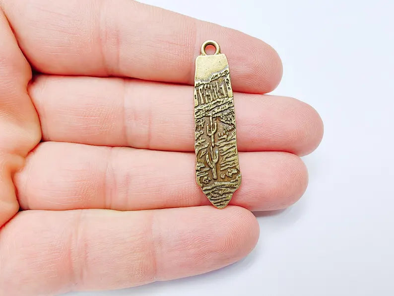 Desert Landscape Pendant, Cactus Charm, Long Earring Charm, Nature Jewelry, Boho Western Charm, Antique Bronze Plated 43x11mm G37250