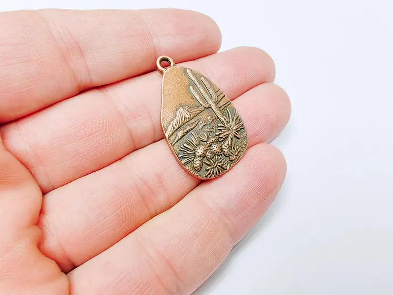 Desert Landscape Pendant, Cactus Teardrop Charm, Southwestern Jewelry, Mountain Nature Boho Pendant, Antique Copper Plated 35x22mm G37251
