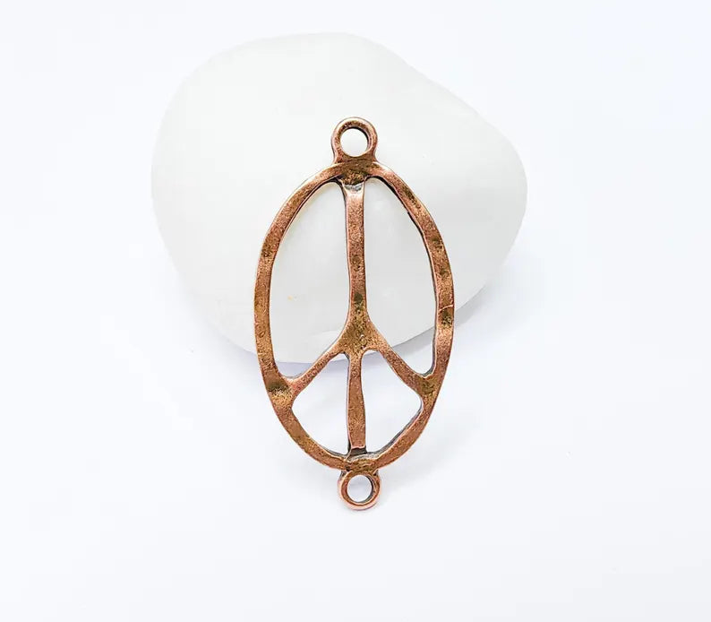 Peace Symbol Pendant Charm, Boho Hippie Jewelry Supply, Spiritual Retro 60s Style Necklace Component, Antique Copper Plated 46x24mm G37257