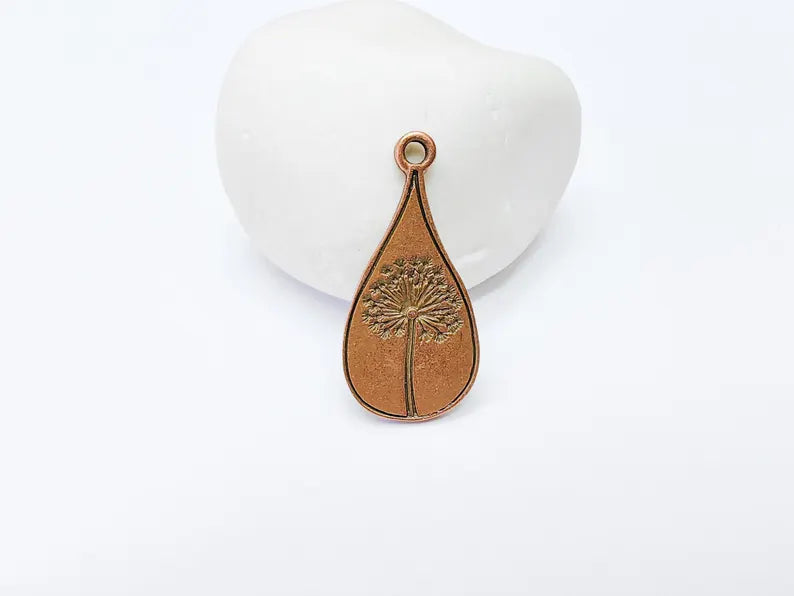 Dandelion Pendant, Teardrop Shaped Charm, Botanical Jewelry Supply, Nature Inspired Necklace Part, Antique Copper Plated 33x16mm G37258
