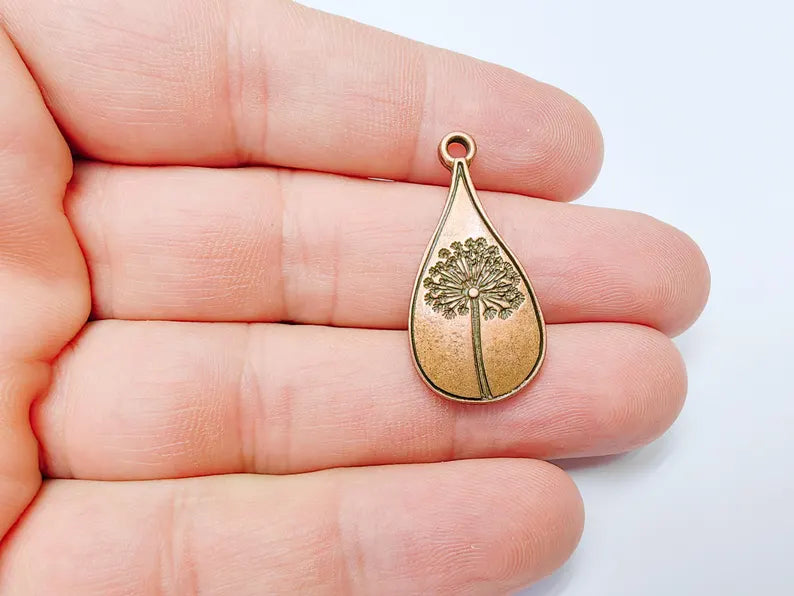 Dandelion Pendant, Teardrop Shaped Charm, Botanical Jewelry Supply, Nature Inspired Necklace Part, Antique Copper Plated 33x16mm G37258