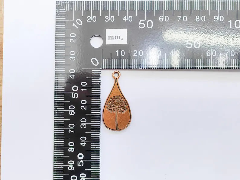 Dandelion Pendant, Teardrop Shaped Charm, Botanical Jewelry Supply, Nature Inspired Necklace Part, Antique Copper Plated 33x16mm G37258