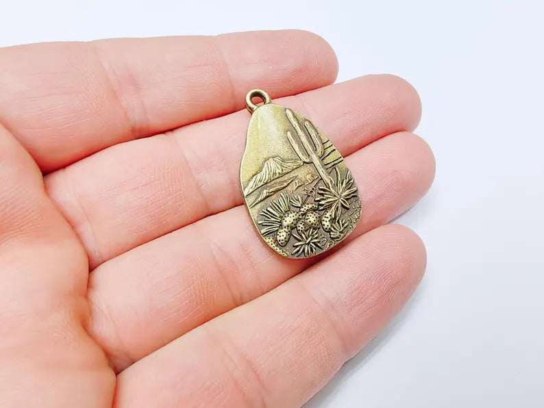 Desert Landscape Pendant, Cactus Teardrop Charm, Southwestern Jewelry, Mountain Nature Boho Pendant, Antique Bronze Plated 35x22mm G37259
