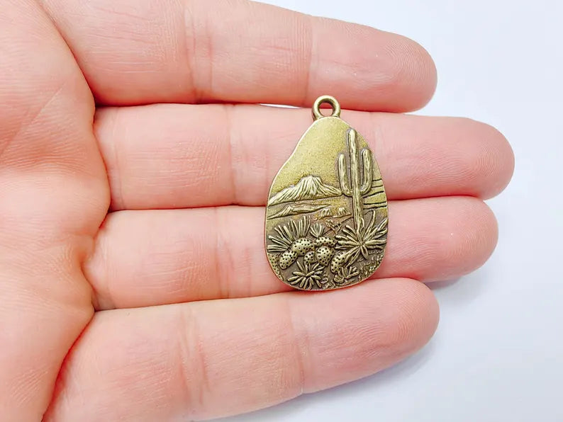 Desert Landscape Pendant, Cactus Teardrop Charm, Southwestern Jewelry, Mountain Nature Boho Pendant, Antique Bronze Plated 35x22mm G37259