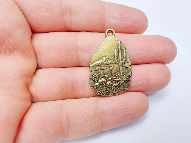 Desert Landscape Pendant, Cactus Teardrop Charm, Southwestern Jewelry, Mountain Nature Boho Pendant, Antique Bronze Plated 35x22mm G37259