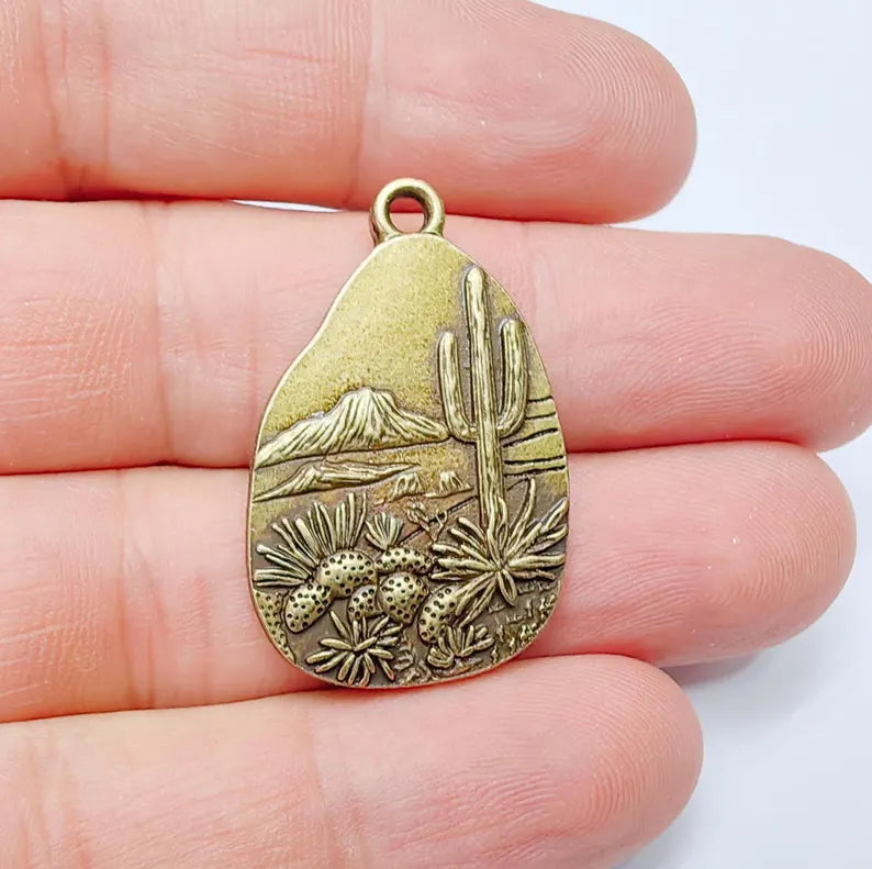 Desert Landscape Pendant, Cactus Teardrop Charm, Southwestern Jewelry, Mountain Nature Boho Pendant, Antique Bronze Plated 35x22mm G37259