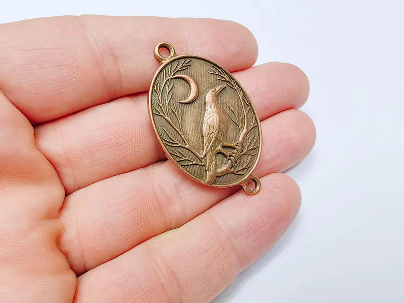 Raven and Moon Connector Charm Pendant, Gothic Boho Charm, Nature Earring, Mystical Bird, Double Hole, Antique Copper Plated 45x28mm G37260
