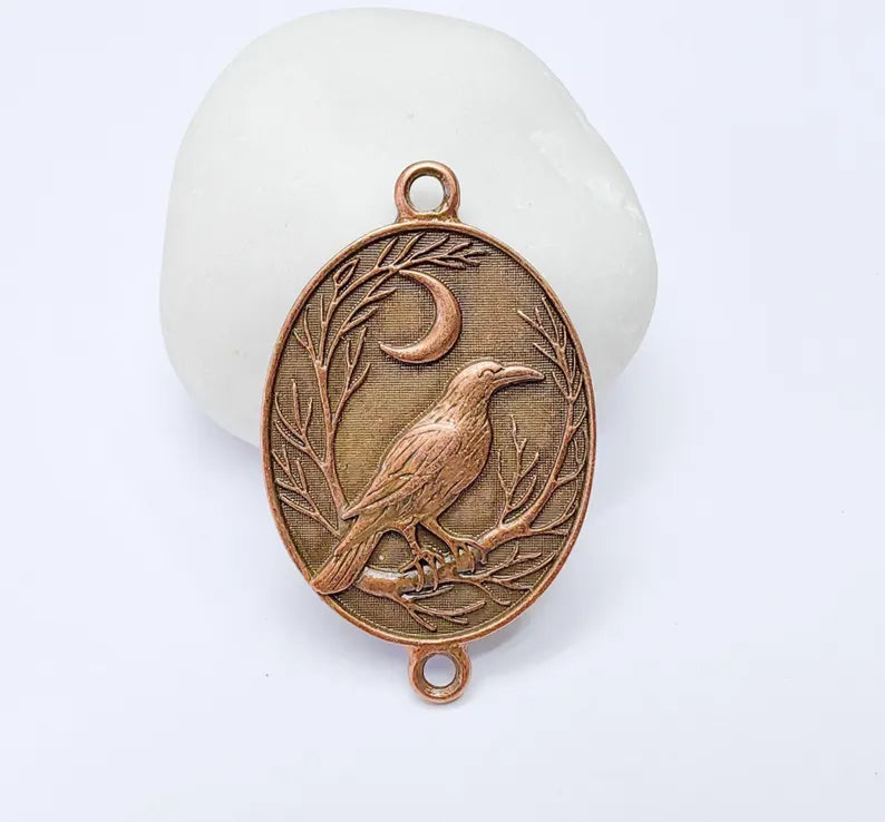 Raven and Moon Connector Charm Pendant, Gothic Boho Charm, Nature Earring, Mystical Bird, Double Hole, Antique Copper Plated 45x28mm G37260
