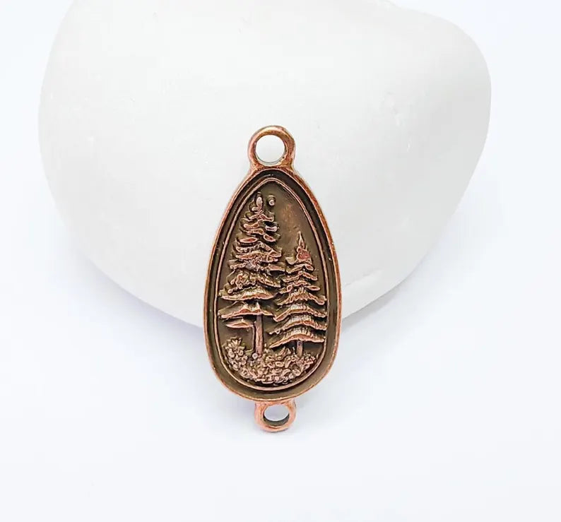2 Pine Tree Forest Connector Charms, Nature Pendant Boho Earring Charms, Dangle Necklace Part, Antique Copper Plated Zamac 30x14mm G37261