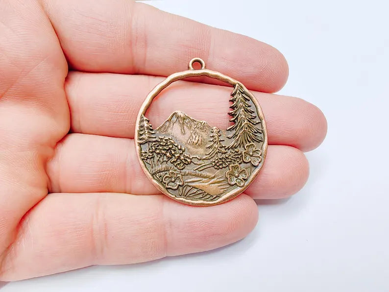 Mountain Tree and Flowers Pendant, Nature Forest Landscape Earring, Pine Tree Jewelry Component, Antique Copper Plated 44x39mm G37262